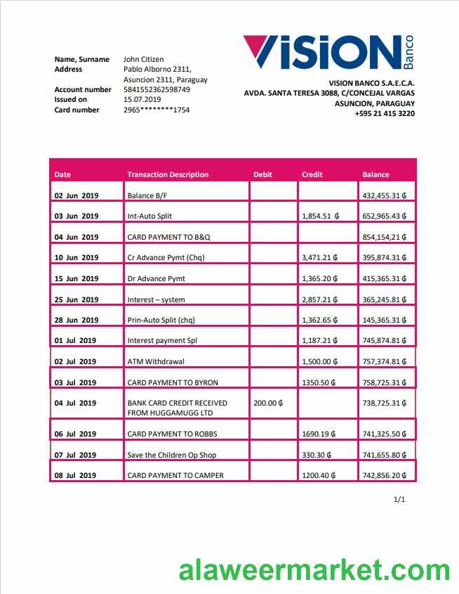 Paraguay Vision Banco bank statement